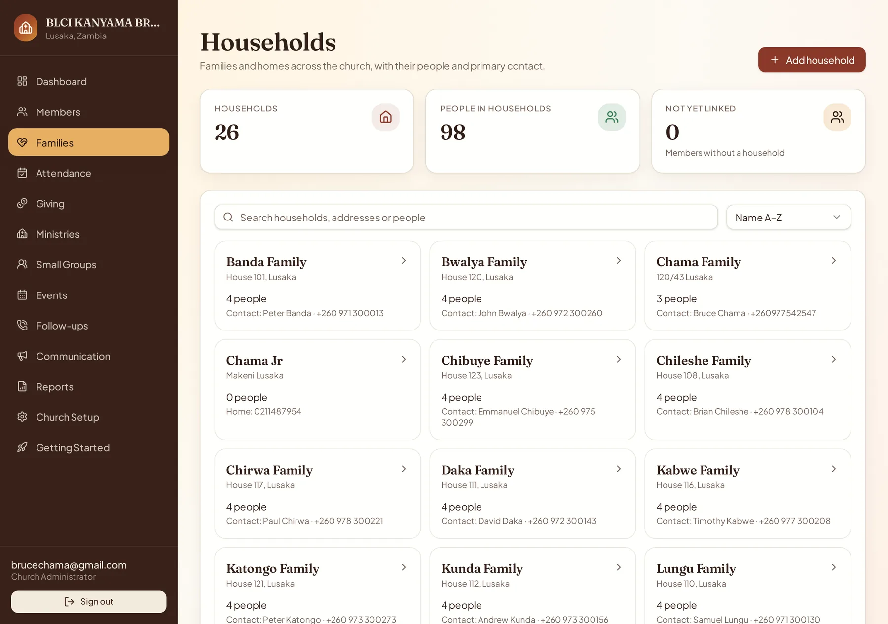 Sheptera households page listing families with contacts and household size