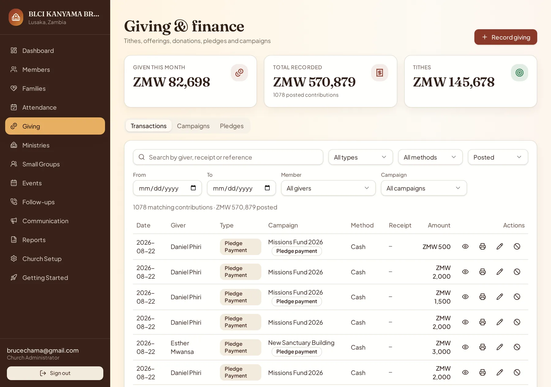 Sheptera giving and finance page with totals and transaction ledger