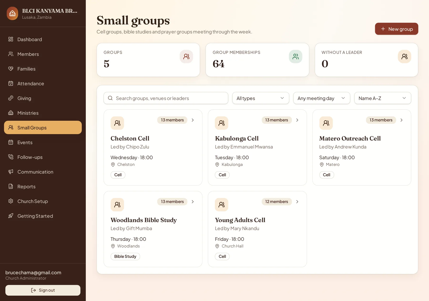 Sheptera small groups page with leaders, meeting days and venues