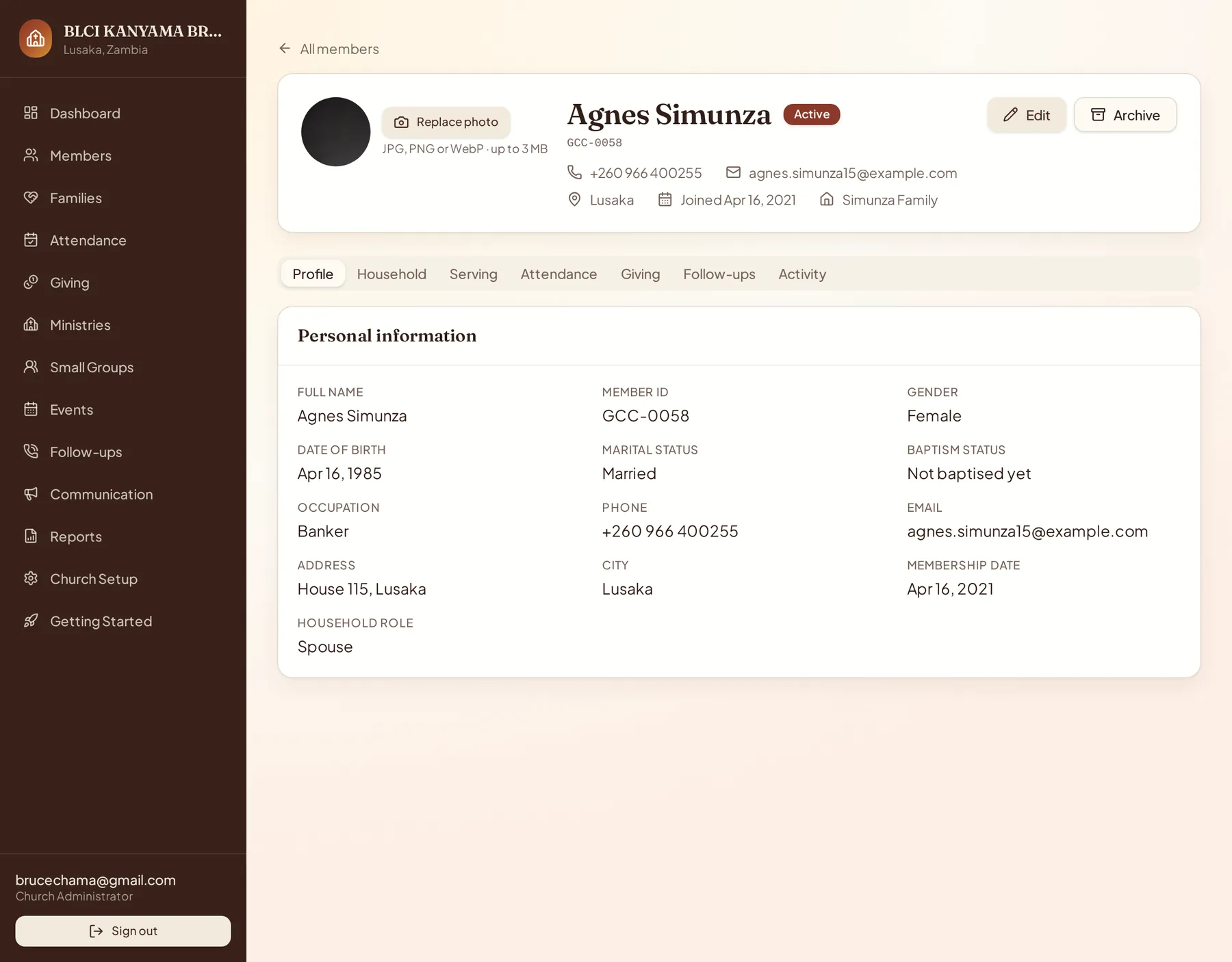 Sheptera member profile showing photo, contact details, membership status and household