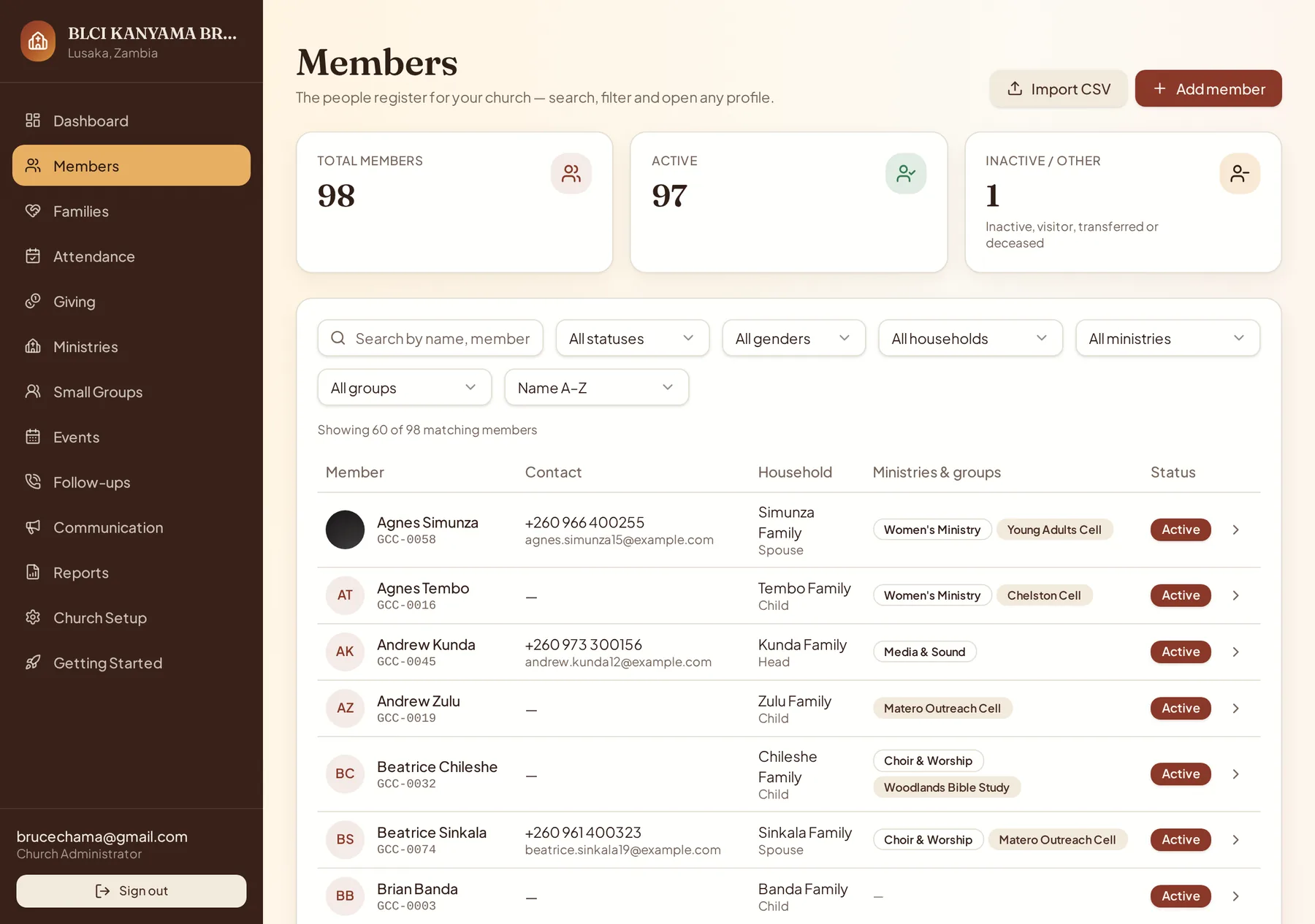 Sheptera members list with search, filters and statistics
